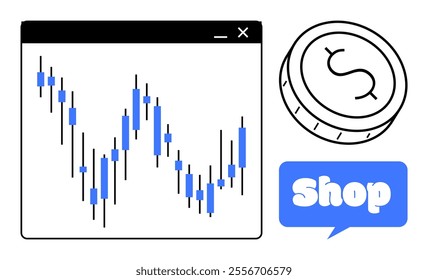 Candlestick chart for financial market analysis alongside a coin symbol and a shop sign. Ideal for finance, investment, e-commerce, trading, business strategy, and market analysis. Simple vector