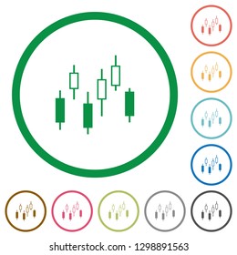 Candlestick chart flat color icons in round outlines on white background