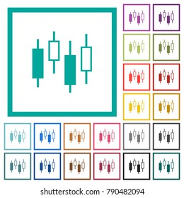 Candlestick chart flat color icons with quadrant frames on white background