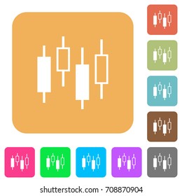 Candlestick chart flat icons on rounded square vivid color backgrounds.