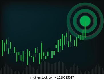 Candlestick chart goes to target on a black gradient background. Vecter illustration. copy space.