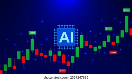 Candlestick chart graph with AI Artificial Intelligence chip for financial investment, stock market and forex trading concept background. Vector illustration