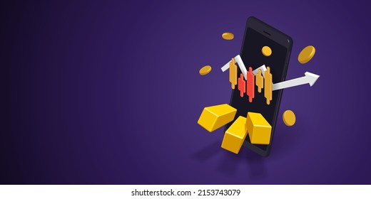 Candlestick chart graphs and gold bars buying and selling gold via smartphone. Bullion, upward arrow graphs, gold market growth and Investment. 3D banner isometric vector illustration.