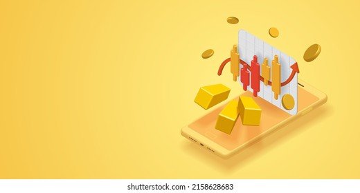 Candlestick chart graphs and gold bars buying and selling gold via smartphone. Bullion, upward arrow graphs, gold market growth and Investment. 3D banner isometric vector illustration.