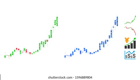 Candlestick chart growth acceleration mosaic of filled circles in variable sizes and color tones, based on candlestick chart growth acceleration icon. Vector round dots are united into blue mosaic.