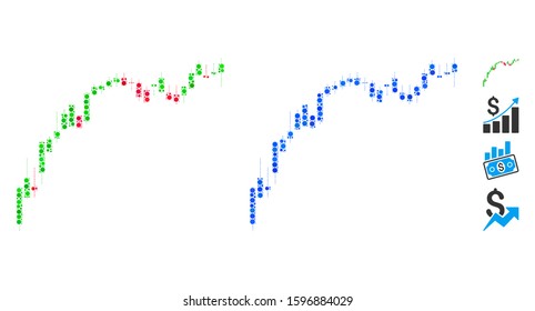 Candlestick chart growth slowdown mosaic of round dots in variable sizes and color hues, based on candlestick chart growth slowdown icon. Vector dots are composed into blue composition.