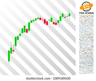 Candlestick Chart Growth Slowdown pictograph with 700 bonus bitcoin mining and blockchain pictograms. Vector illustration style is flat iconic symbols designed for bitcoin apps.