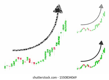 Candlestick chart growth trend mosaic of abrupt parts in various sizes and color hues, based on candlestick chart growth trend icon. Vector rugged parts are united into mosaic.