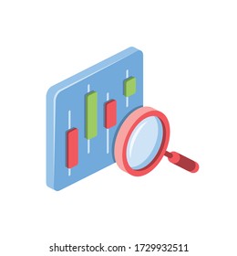 Candlestick chart investor magnifier search. Vector 3d isometric, color web icon, new flat style. Creative illustration design, isolated graphic idea for infographics.