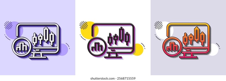 Candlestick chart line icon. Halftone dotted pattern. Gradient icon with grain shadow. Analytics graph sign. Market analytics symbol. Line candlestick chart icon. Various designs. Vector