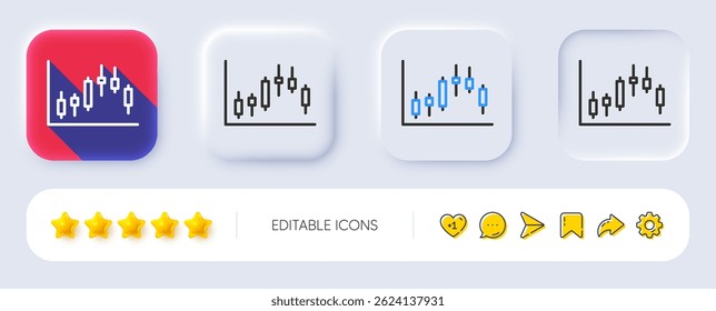 Ícone de linha de gráfico de castiçal. Neumórfico, sombra plana, botões 3d. Sinal de gráfico financeiro. Símbolo da bolsa de valores. Investimento empresarial. Ícone de gráfico de castiçal de linha. Ícones de mídia social. Vetor