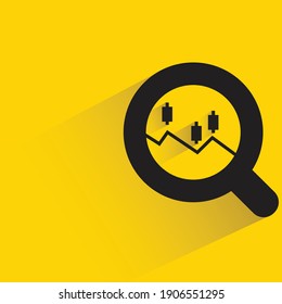 candlestick chart and magnifier glass with shadow on yellow background