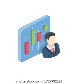 Candlestick Diagramm man Investor Analytics Nutzer avatar. Vector 3d isometrisch, Farbe Web Icon, neue flache Stil. Creative Illustration Design, isolierte grafische Idee für Infografiken.