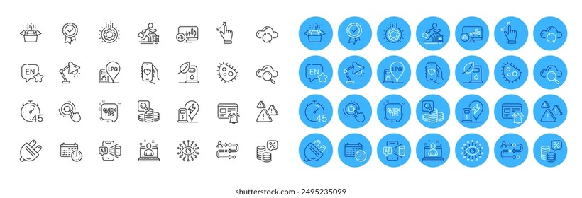 Candlestick chart, Money tax and Packing boxes line icons pack. Calendar, Artificial intelligence, English web icon. Touchscreen gesture, Dating app, Car rental pictogram. Color icon buttons. Vector