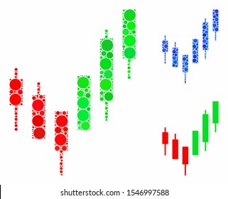 Candlestick chart mosaic of filled circles in various sizes and color tints, based on candlestick chart icon. Vector filled circles are organized into blue mosaic.