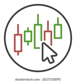 Candlestick Chart with Mouse Cursor vector concept Stock Market Trading round icon or symbol in outline style