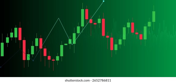 Candlestick chart on dark-green gradient background with light-teal upward trend line and support lines, illustrating bullish market movement, trading analysis, and price action trends