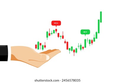 Candlestick chart on hand of a businessman, Stock trading market, Digital marketing illustration.