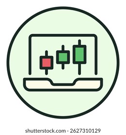 Candlestick Chart on Laptop Screen vector Trading concept circle shaped colored icon or symbol