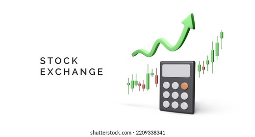 Gráfica de candelabros en bolsa con crecimiento de flecha y calculadora en estilo de caricatura 3D. Comprar y vender criptodivisa a cambio, eligiendo una estrategia exitosa. Vector