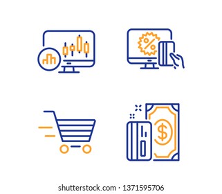 Candlestick chart, Online shopping and Delivery shopping icons simple set. Payment sign. Report analysis, Black friday, Online buying. Cash money. Finance set. Linear candlestick chart icon. Vector