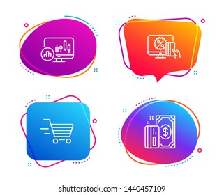 Candlestick chart, Online shopping and Delivery shopping icons simple set. Payment sign. Report analysis, Black friday, Online buying. Cash money. Finance set. Speech bubble candlestick chart icon