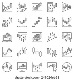 Candlestick Chart Outline Symbole gesetzt - Kryptowährungs-Handelslinien-Vektorgrafik Zeichen. Japanische Kerzenständer Konzeptsymbole