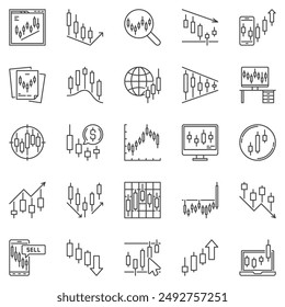 Candlestick Chart outline icons set - Crypto Trading and Investment linear vector symbols. Japanese Candle concept signs