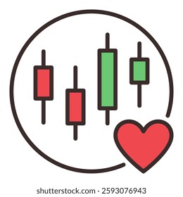 Candlestick Chart and Red Heart in Circle vector Financial Passion concept colored icon or symbol