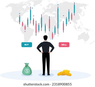 Candlestick chart showing progress and growth of company. happy business characters, stock or share market or forex trade	