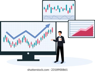 Candlestick chart showing progress and growth of company. happy business characters, stock or share market or forex trade	