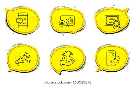 Candlestick chart sign. Diploma certificate, save planet chat bubbles. Smartphone cloud, Smartphone notification and Ole chant line icons set. Phone backup, Chat message, Megaphone. Vector