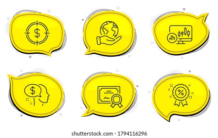Señal de la gráfica de candelabros. Certificado de diploma, salva las burbujas de chat del planeta. Juego de iconos de línea de pago, destino de dólar y descuento. Beggar, Aim with usd, Sale shopping. Análisis de informes. Juego de finanzas. Vector