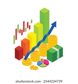 candlestick chart of stock, market investment trading. Isometric red up arrow and coin stacks. Financial success and growth concept. Vector illustration isolated on white backgroud.