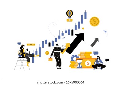 Candlestick chart of the stock market, move up motivation, The way to achieve the goal. Stock market trader analyzing diagrams. Stock market trader analyzing diagrams. Vector illustration