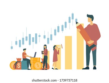 Candlestick chart of the stock market, move up motivation, The way to achieve the goal. Stock market trader analyzing diagrams. Stock market trader analyzing diagrams. Vector illustration.