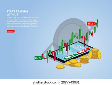 candlestick chart of stock sale and buy using mobile phones, market investment trading, Vector Illustration	