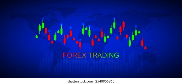 El símbolo del gráfico de Candlestick simboliza el potencial de crecimiento y ganancia financiera con Candlestick, la interconexión del concepto de economía global donde los valores de las monedas fluctúan constantemente