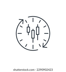 Candlestick chart аnd time.  Vector linear icon isolated on white background.