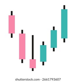 Gráfico de velas utilizado en el comercio de acciones y criptomonedas para mostrar la dinámica del mercado y la acción del Precio. Ilustración vectorial moderna aislada en el fondo blanco, diseño plano