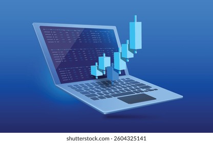 Candlestick charts are climbing from low to high on computer laptop indicating profitable trading of stocks or cryptocurrencies, vector 3d isolated for making media about stock trading investment