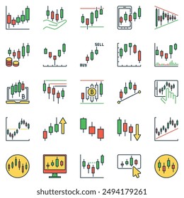 Candlestick Charts colored icons set. Stock and Crypto red and green Candlesticks creative vector Cryptocurrency and Stock Market Trading concept symbols
