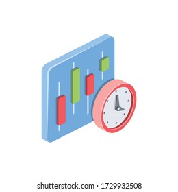 Candlestick circle chart investor time clock. Vector 3d isometric, color web icon, new flat style. Creative illustration design, isolated graphic idea for infographics.