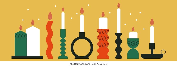 Candlestick collection. Modern house interior decor elements. Home design. Burning candles set. Vintage candle holder vector illustration. Flat trendy abstract style, isolated. Scandinavian design. 