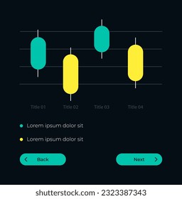 Candlestick diagram UI element template. Editable isolated vector dashboard component. Flat user interface. Visual data presentation. Web design widget for mobile application with dark theme