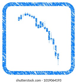 Candlestick Falling Acceleration Chart rubber seal stamp imitation. Icon vector symbol with grunge design and unclean texture inside rounded rectangle. Scratched blue sticker on a white background.