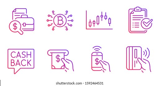 Candlestick graph, Accounting report and Bitcoin system line icons set. Atm service, Phone payment and Survey checklist signs. Money transfer, Contactless payment symbols. Vector