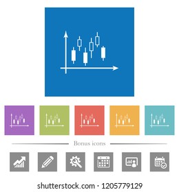 Candlestick graph with axes flat white icons in square backgrounds. 6 bonus icons included.