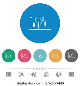 Candlestick graph with axes flat white icons on round color backgrounds. 6 bonus icons included.