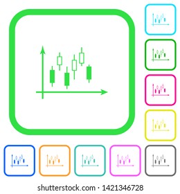 Candlestick graph with axes vivid colored flat icons in curved borders on white background